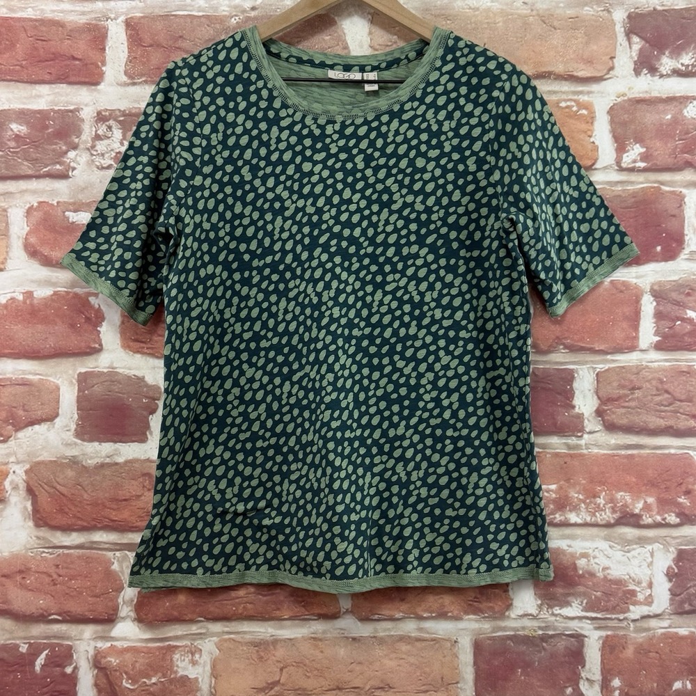 Logo Lori Goldstein T Shirt Women's Small Green Blue Spotted Everyday Casual Top
